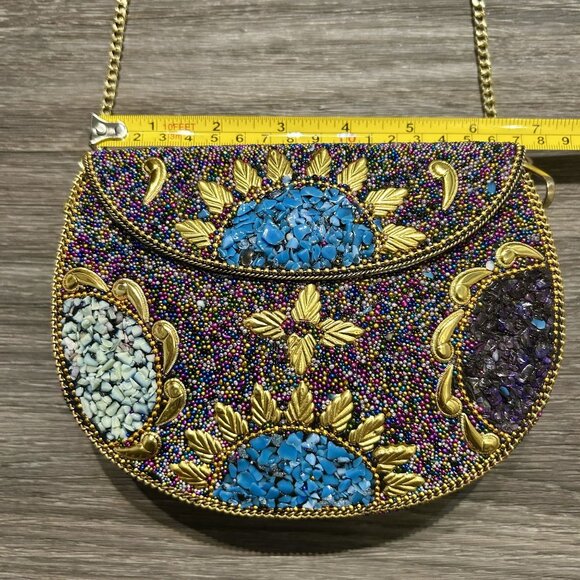 Ramla Beaded Clutch Purple Multicolor Mosaic Chain Strap Handmade NEW Prom - Picture 12 of 15